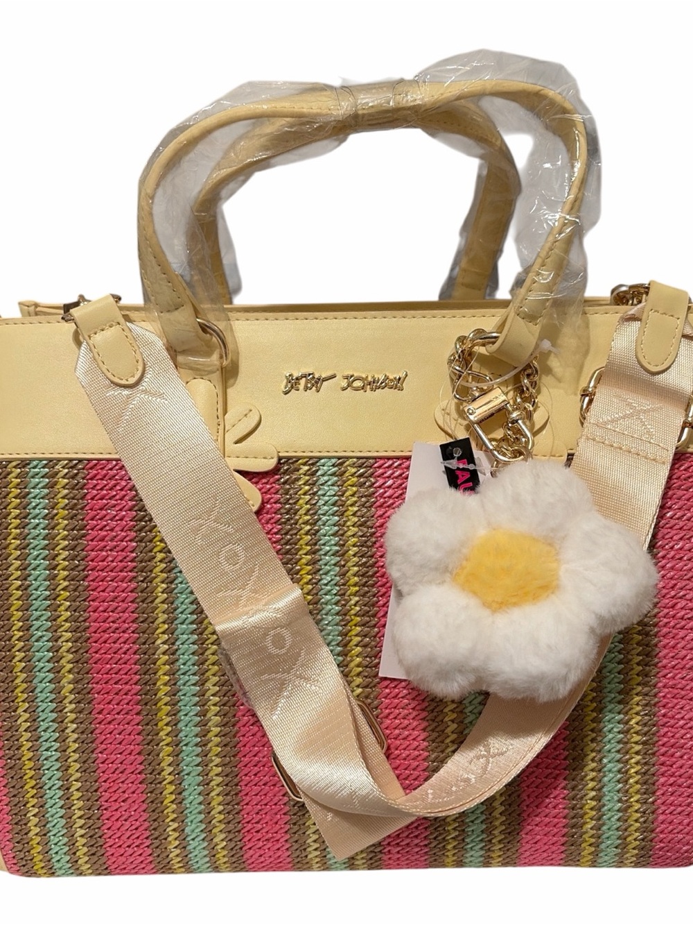 Betsey Johnson Pink and Yellow Striped Tote with Daisy Charm & Guitar strap